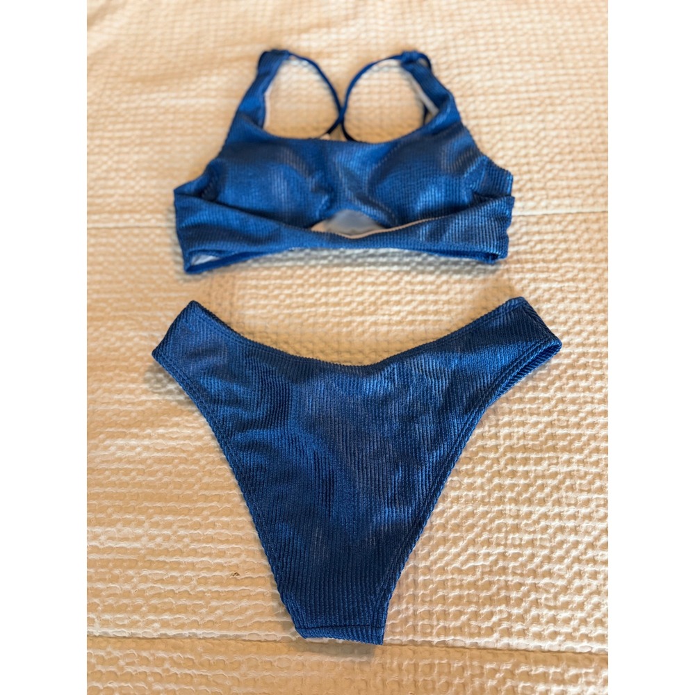 Cupshe Womens Metallic Blue Ribbed Cutout Bikini Set Two Piece Swimsuit Size M